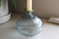 Blue Ribbed Glass Candle Holder - Elegant Onion Shaped Candlestick with Antique Gold Rim Detailing