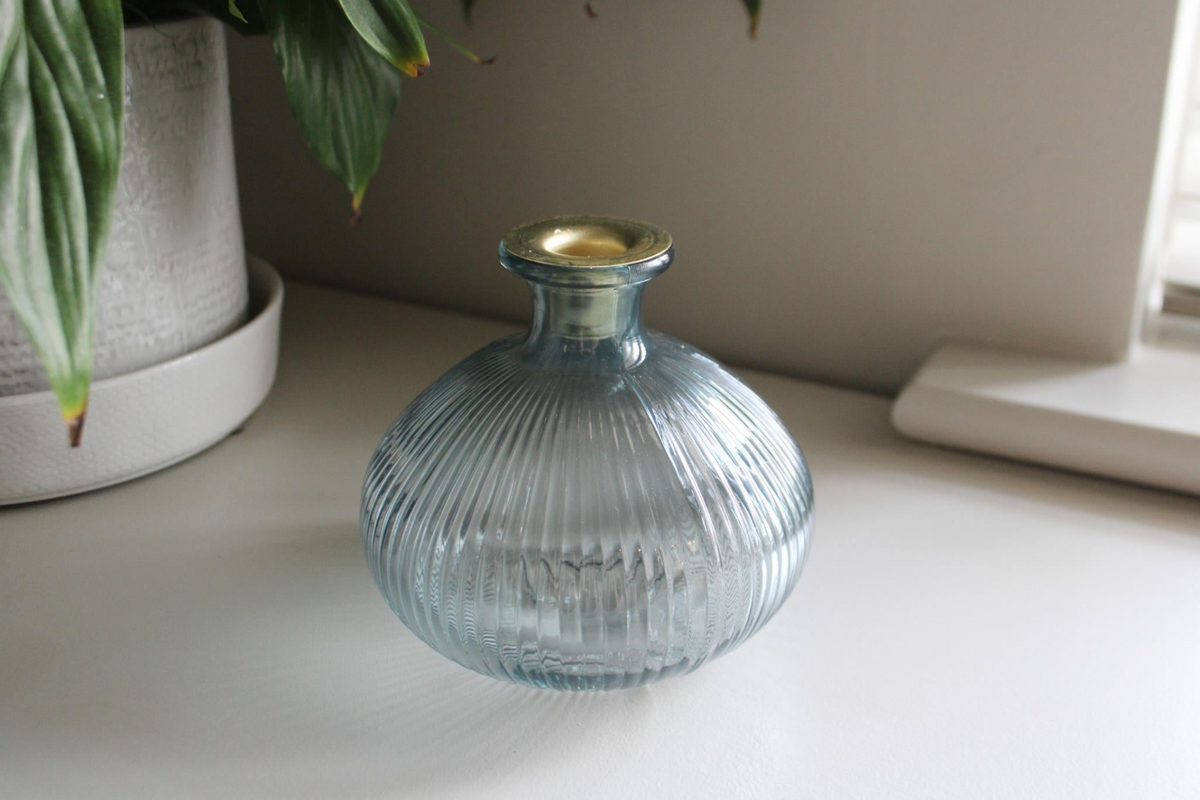 Blue Ribbed Glass Candle Holder - Elegant Onion Shaped Candlestick with Antique Gold Rim Detailing