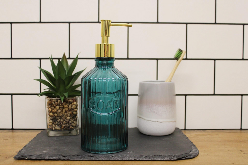 Blue Glass Soap Dispenser - Vintage Style, Ribbed Design, Gold Pump | Elegant Bathroom Accessory