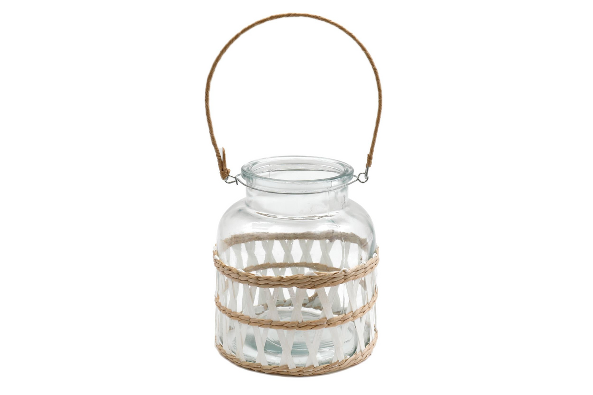 Boho Style Glass Candle Lantern with Weave | Versatile Decor Piece