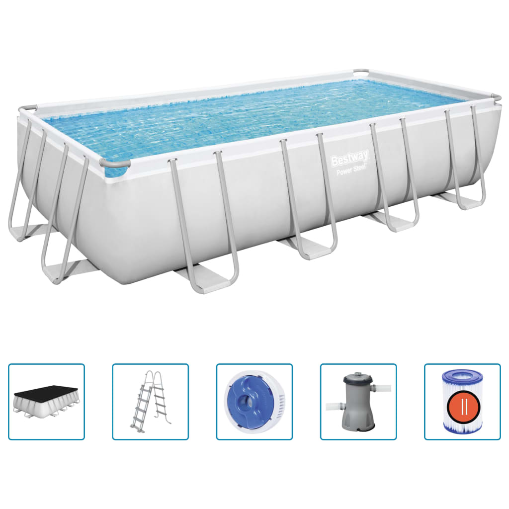 Bestway Power Steel Swimming Pool Set Rectangular 488x244x122 cm - Durable, Stylish, and Easy-to-Set-Up