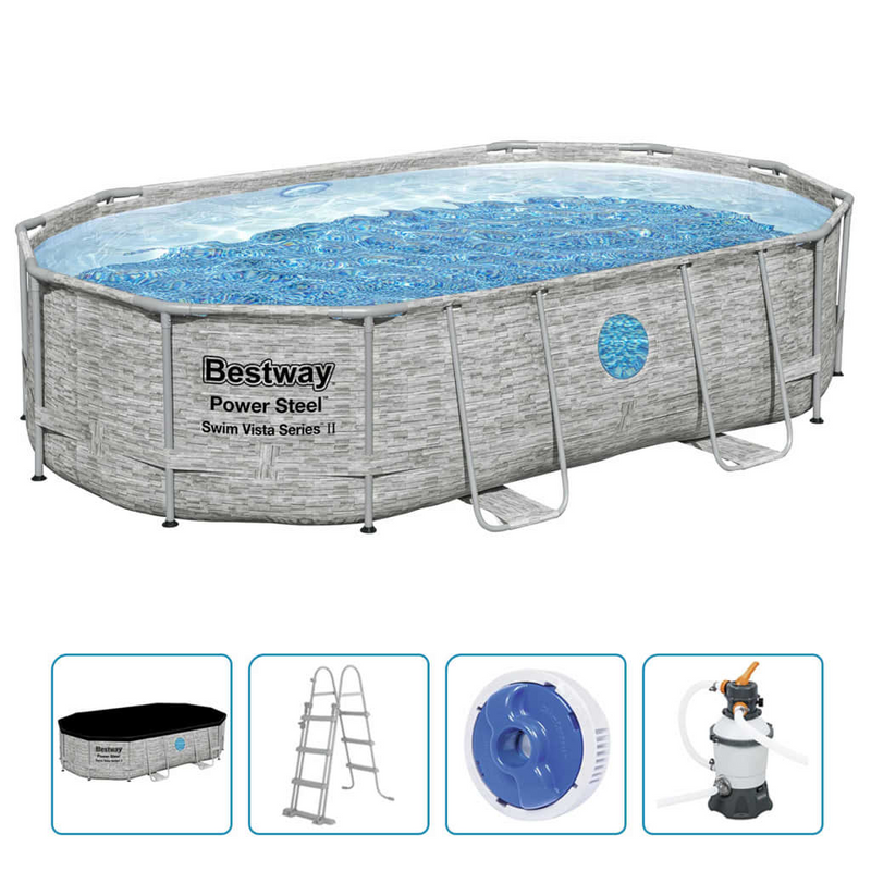 Bestway Power Steel Swimming Pool Set 488x305x107 cm - Premium Corrosion-Resistant Pool with Filter Pump, Safety Ladder, and ChemConnect Dispenser