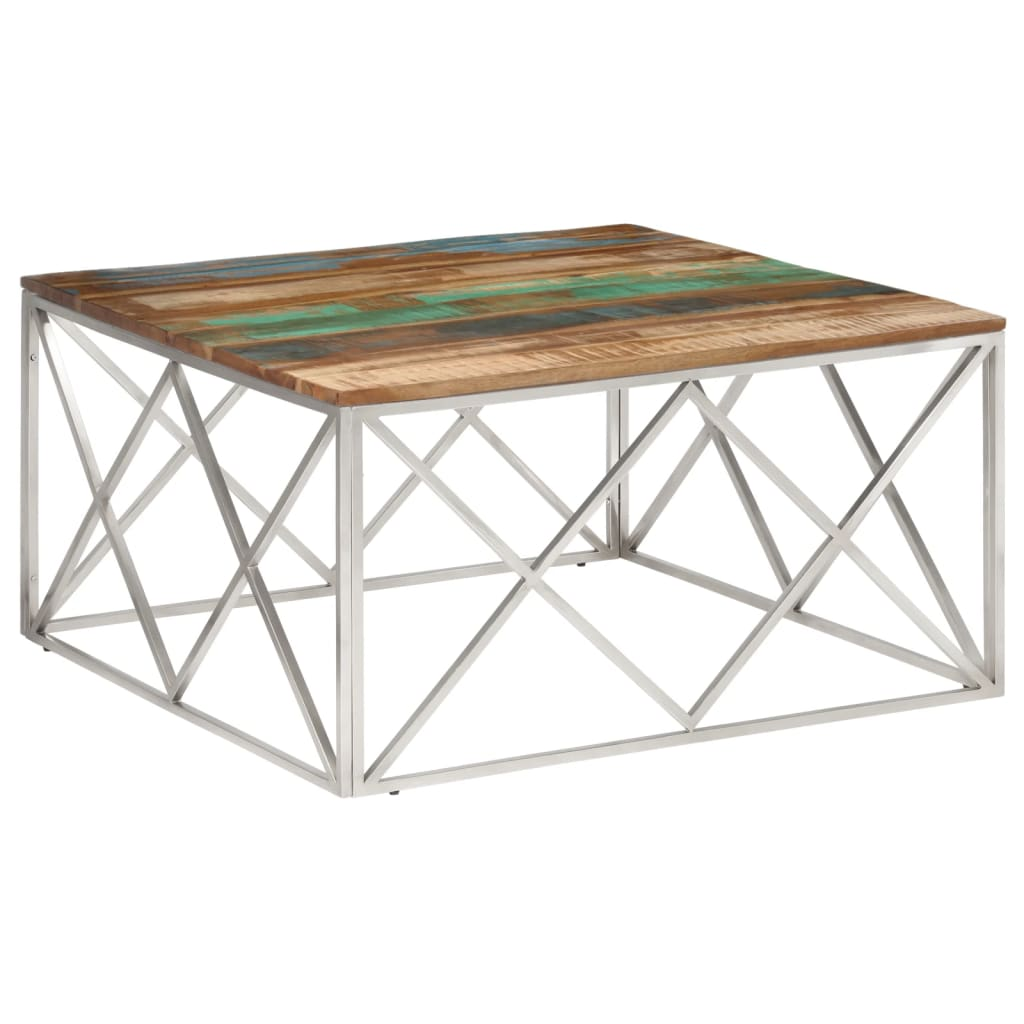 Coffee Table Silver Stainless Steel and Solid Reclaimed Wood