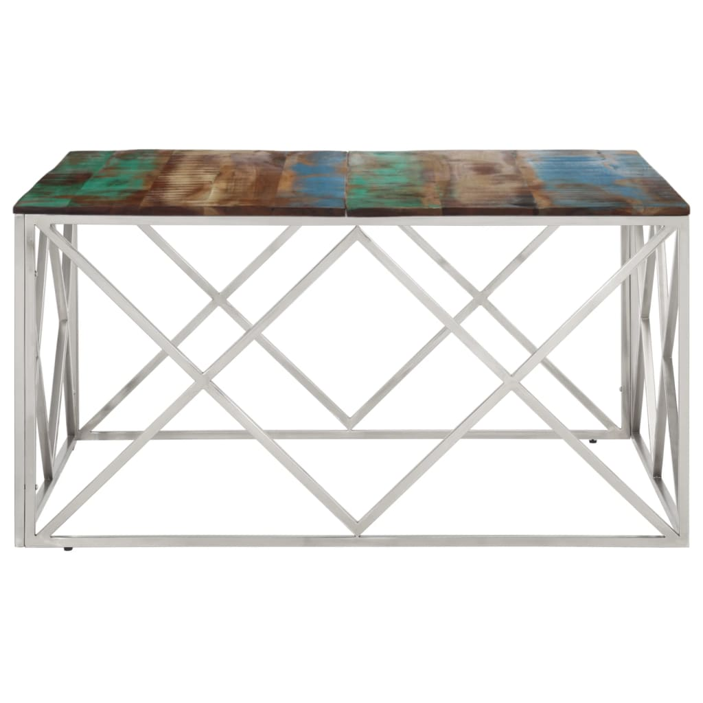 Coffee Table Silver Stainless Steel and Solid Reclaimed Wood