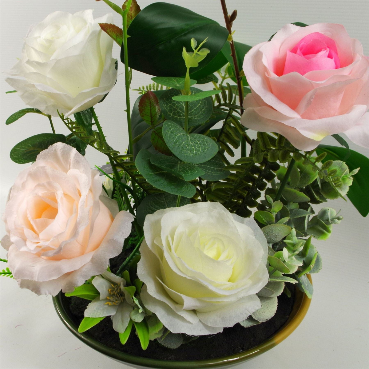 Artificial Flowers Rose 35cm Glazed Ceramic Planter | Leaf Design UK