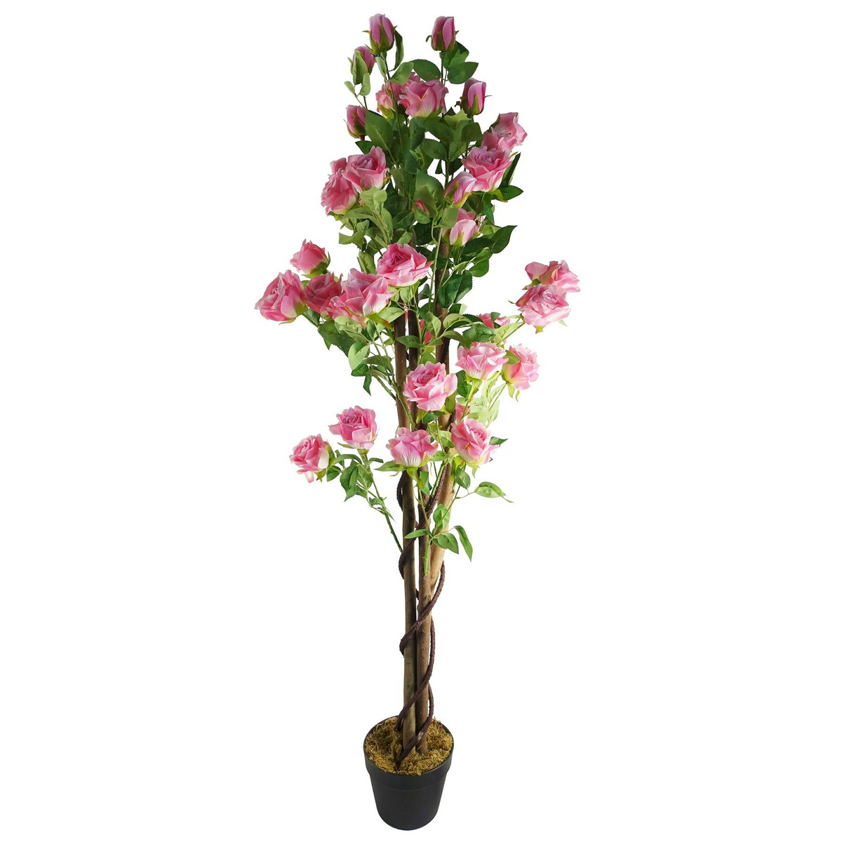 Artificial Pink Rose Tree Large - Realistic Silk Flowers, Natural Wooden Trunk