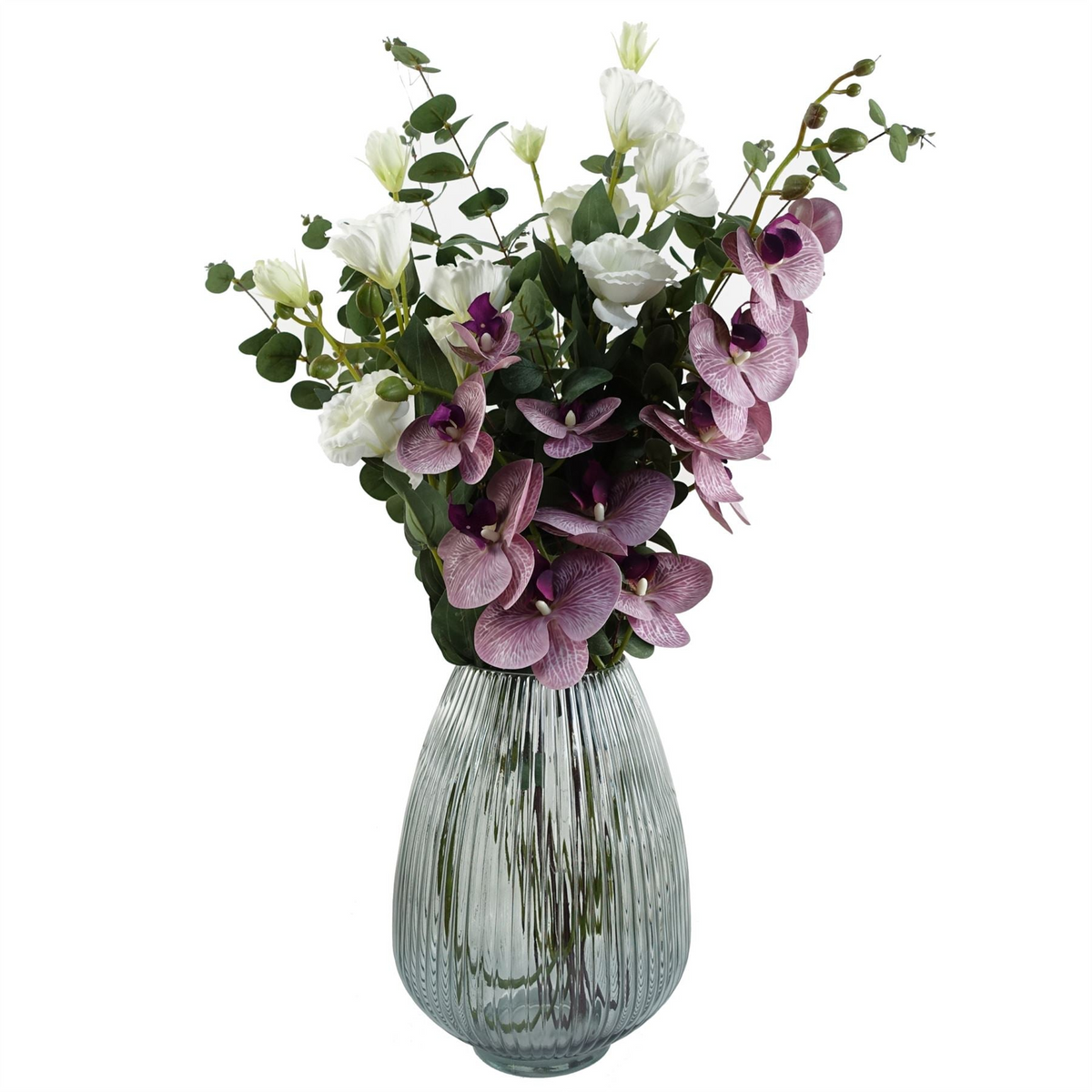 Smoke Grey Ridged Glass Vase 30cm - Elegant Home Decor