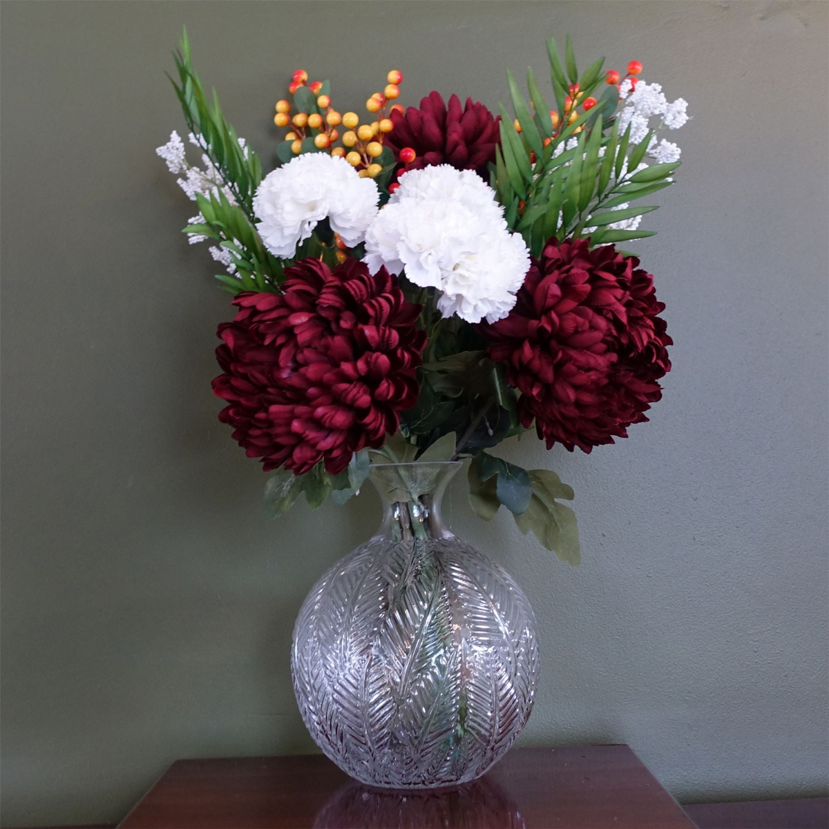 Leaf 70cm Red Chrysanthemum Glass Ball Vase - Beautiful Artificial Flower Arrangement