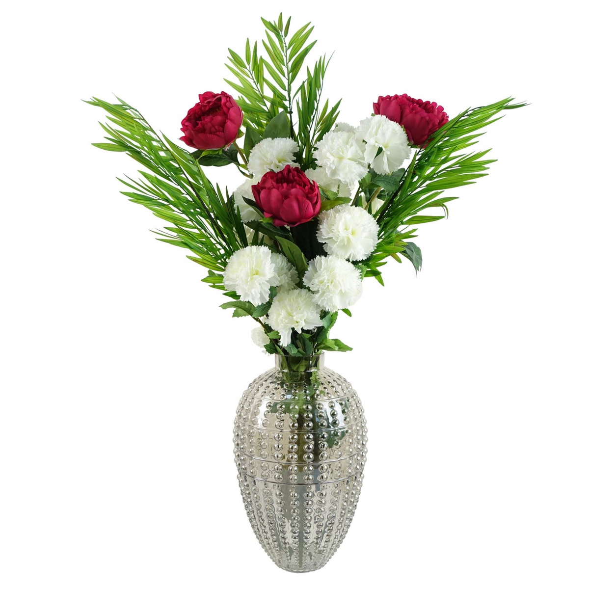 Leaf 85cm White Carnation Pink Peony and Fern in Glass Vase - Artificial Flower Arrangement