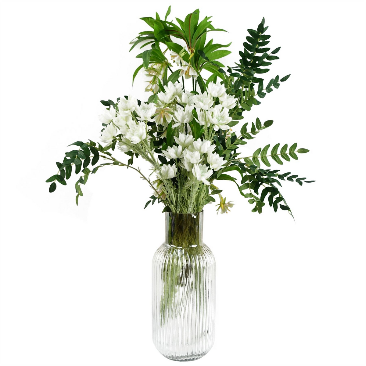 Leaf 75cm White Starflower Display Ombre Glass Vase - Artificial Flower Arrangement with Vase