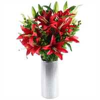 Leaf 70cm Red Lily Display Silver Glass Vase - Elegant Artificial Flower Arrangement