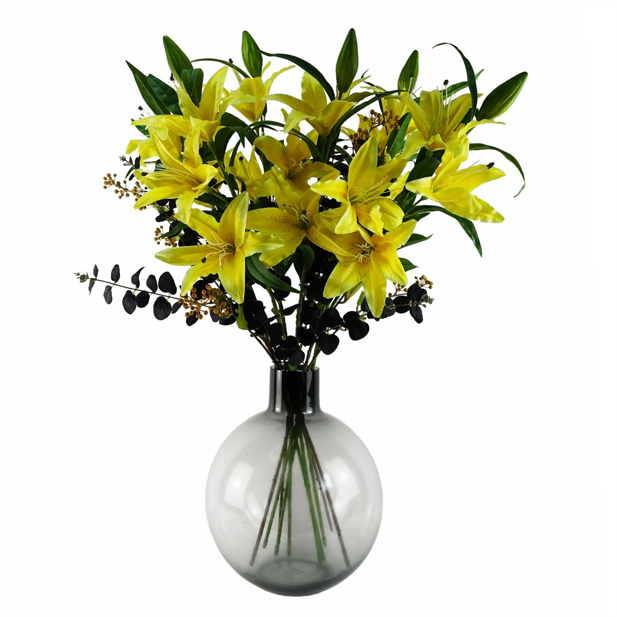 Leaf 100cm Yellow Lily Black Eucalyptus Glass Ball Vase - Complete Artificial Flower Arrangement with Vase