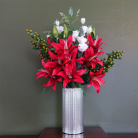 Leaf 80cm Artificial Red Lily Arrangement in Silver Glass Vase - Elegant Home and Office Decor