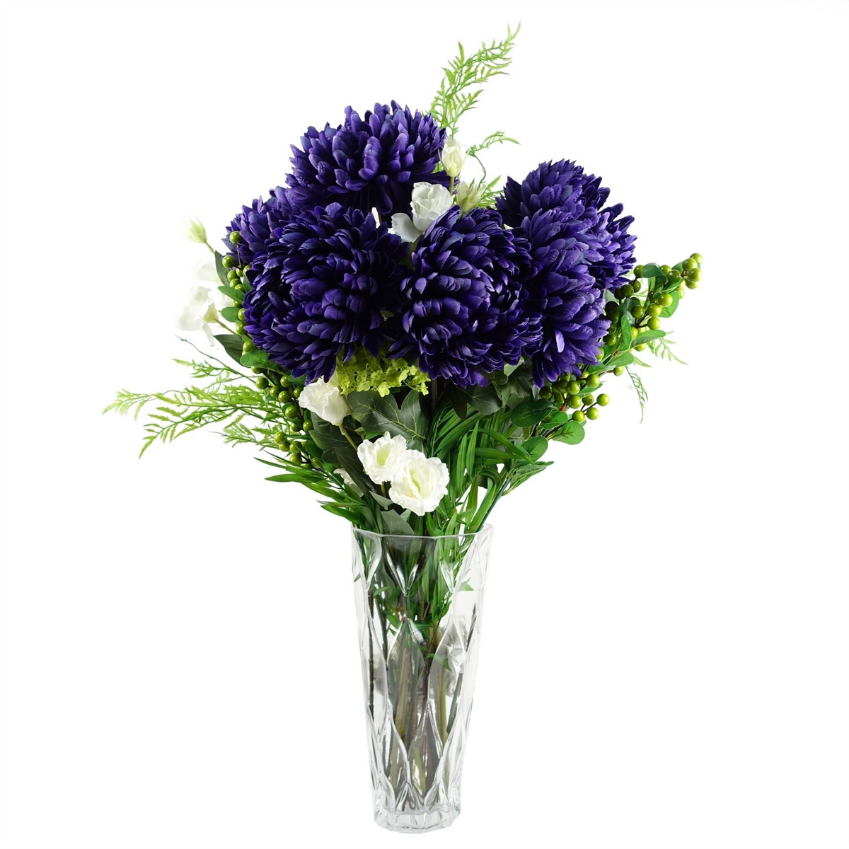 Leaf 90cm Purple Chrysanthemum and Ferns Glass Vase - Elegant Artificial Flower Arrangement