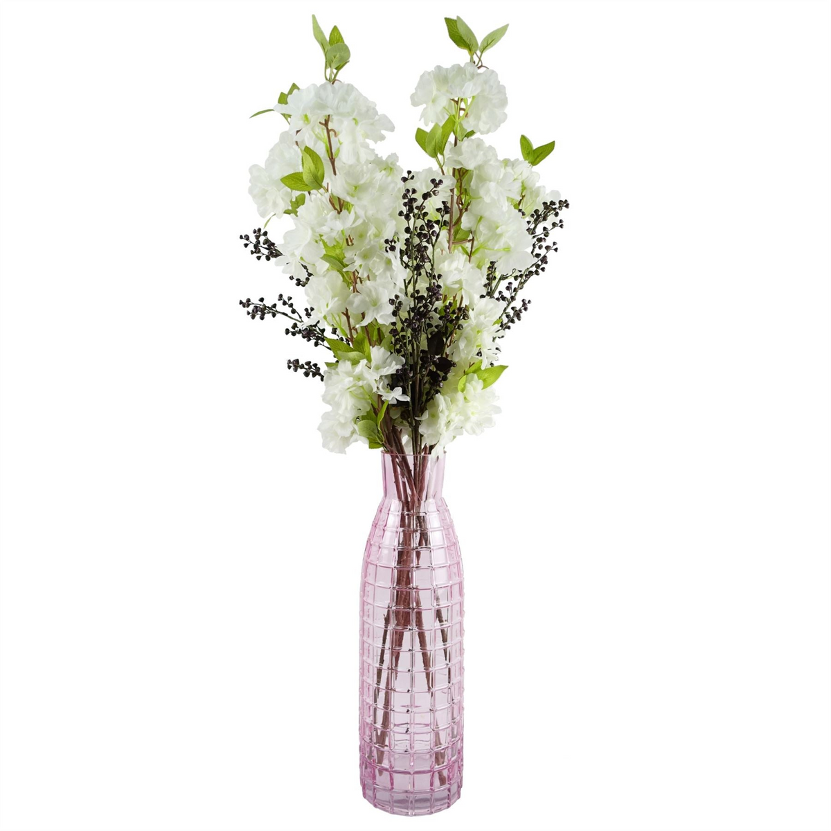 Leaf 100cm White Artificial Blossom and Berries Glass Vase - Beautiful Home Decor Accent