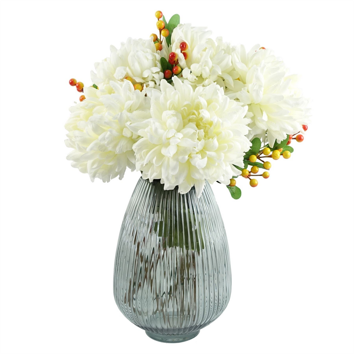 Leaf 50cm Grey Glass Vase Artificial Chrysanthemums - Beautiful Floral Arrangement for Home Decor