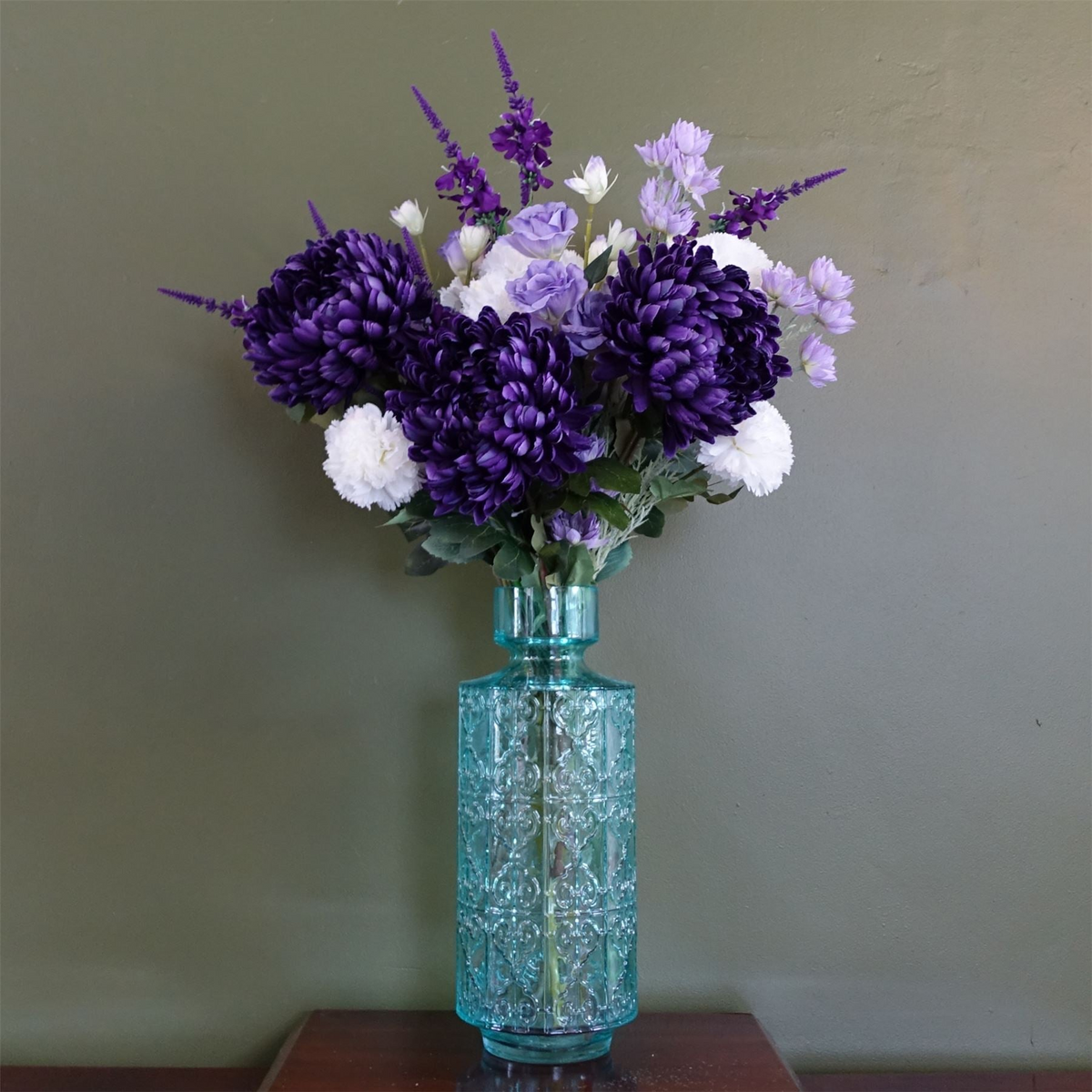 Leaf 80cm Purple Chrysanthemum Arrangement Glass Vase - Stunning Artificial Flower Display