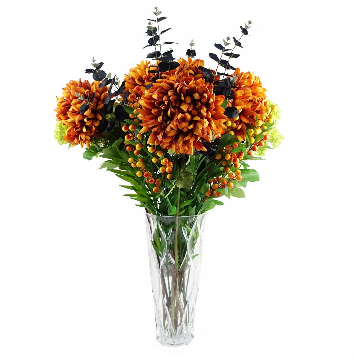 Leaf 80cm Orange Chrysanthemum Foliage and Glass Vase - Stunning Artificial Flower Arrangement