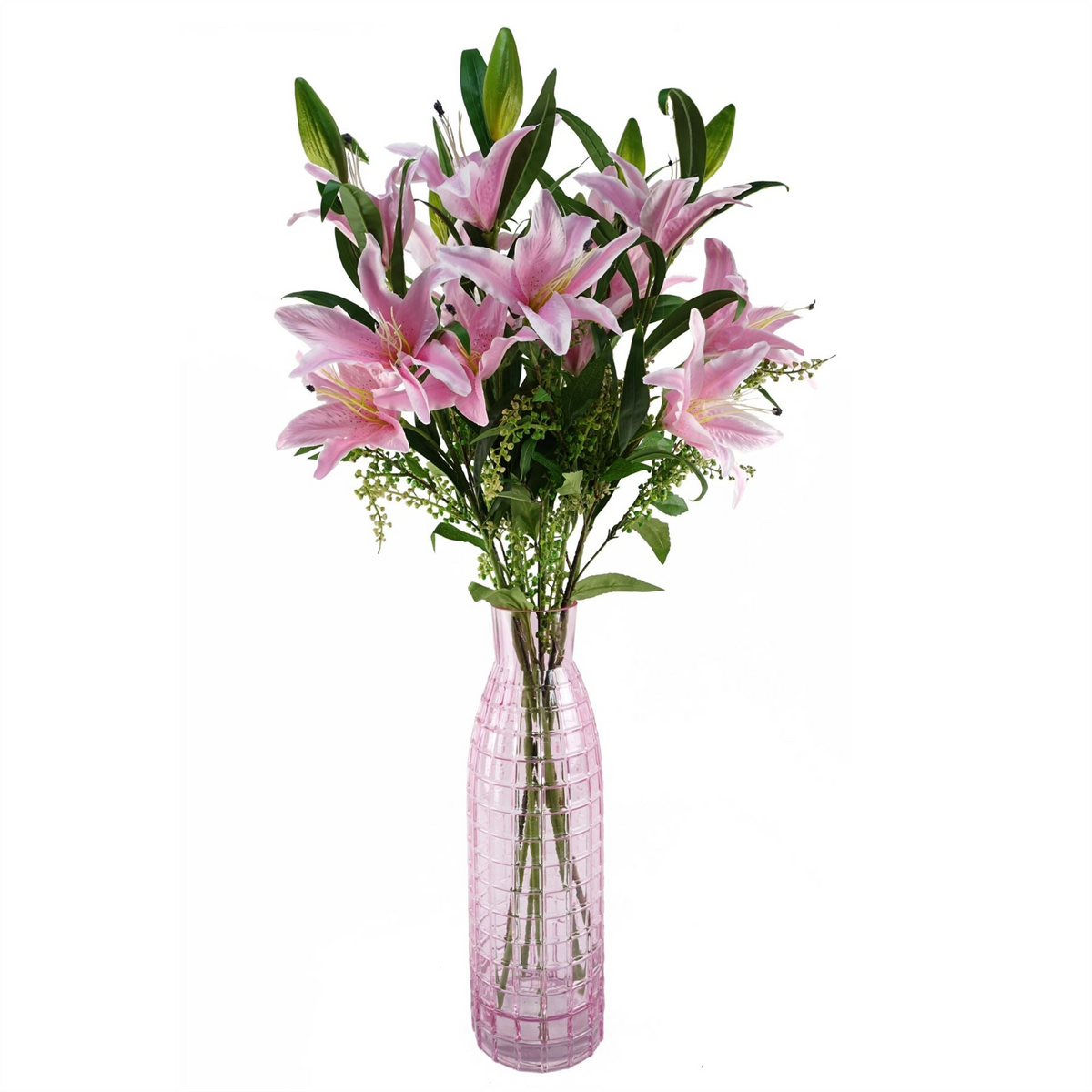 Leaf 100cm Artificial Pink Lily Flower Arrangement Glass Vase