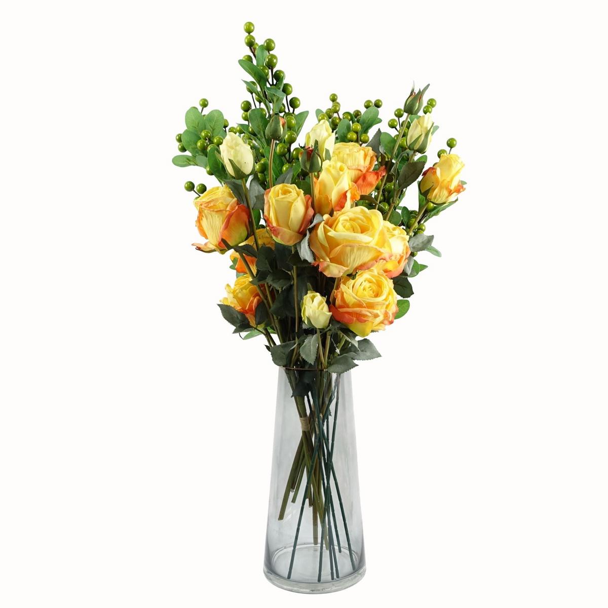 Leaf 60cm Yellow Rose Artificial Flowers Glass Vase - Perfect Home Decor