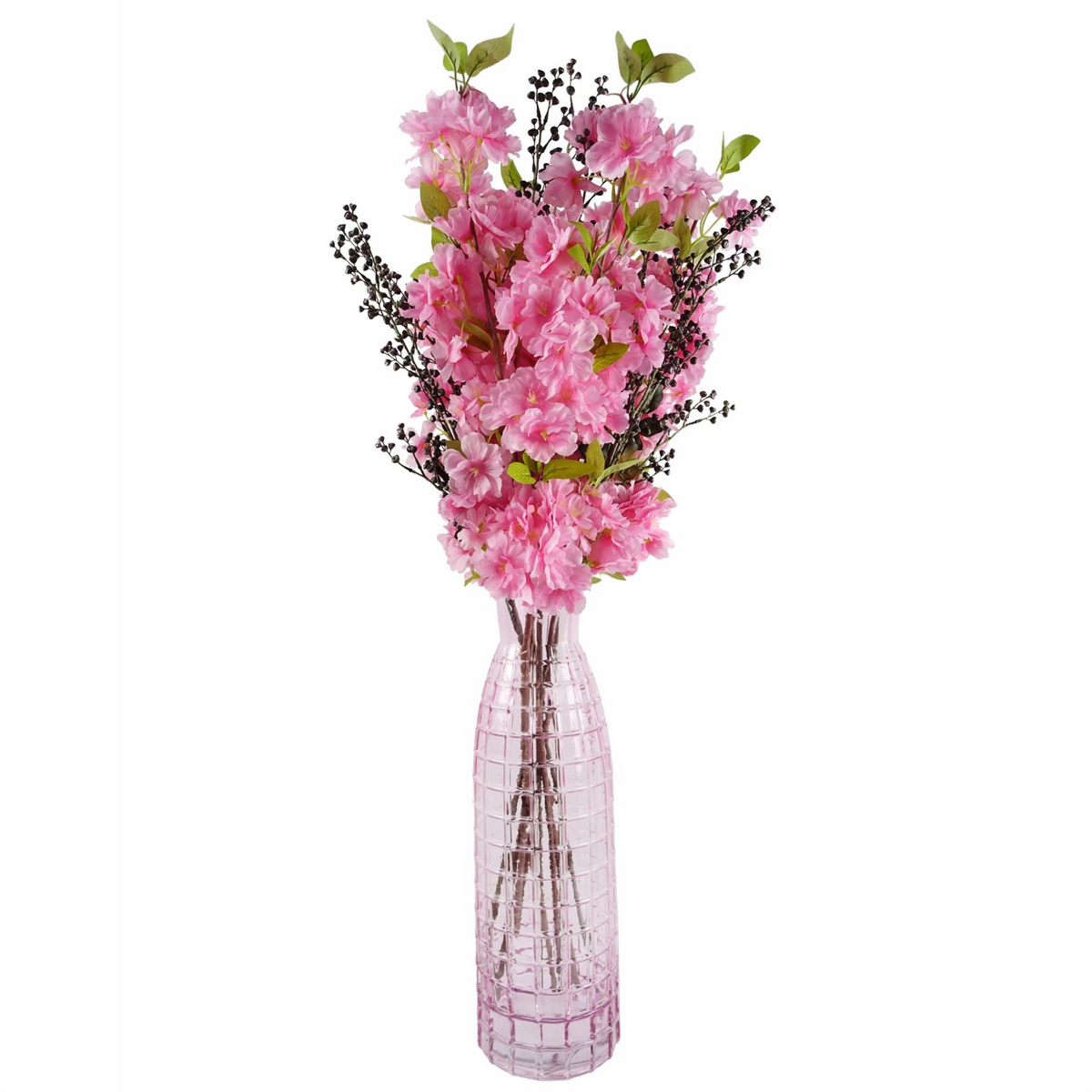 Leaf 100cm Pink Artificial Blossom and Berries Glass Vase - Beautiful Floral Arrangement for Home Decor