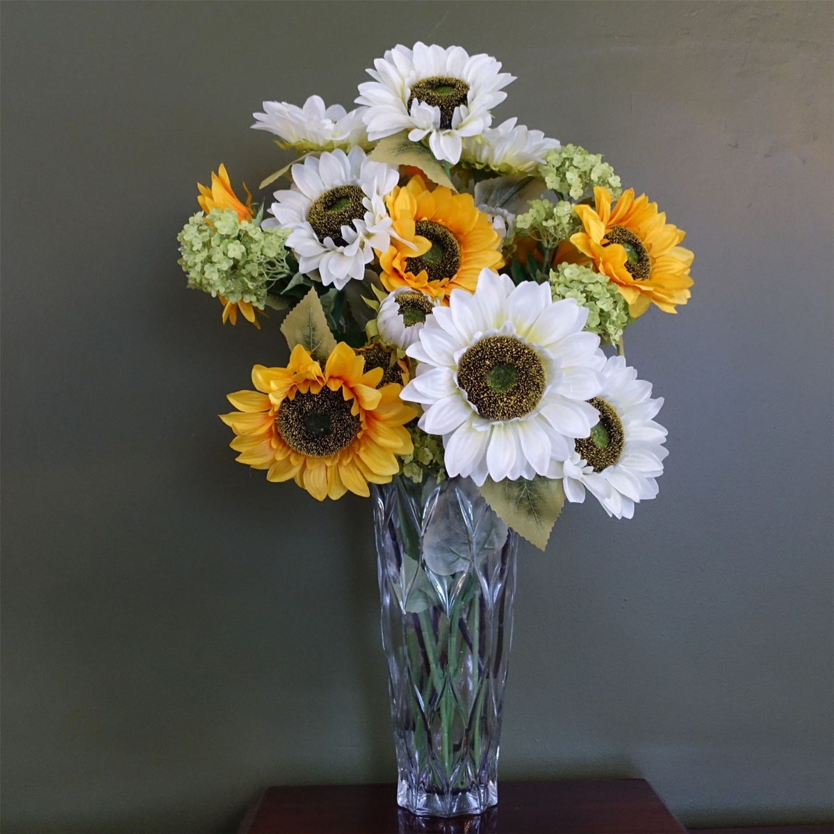 Leaf 80cm White and Yellow Sunflower Mix Glass Vase - Artificial Flower Arrangement by Leaf Design UK