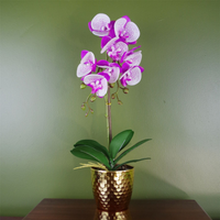 Purple White Orchid Artificial 50cm Gold Pot - Realistic Plant with Real Touch Leaves