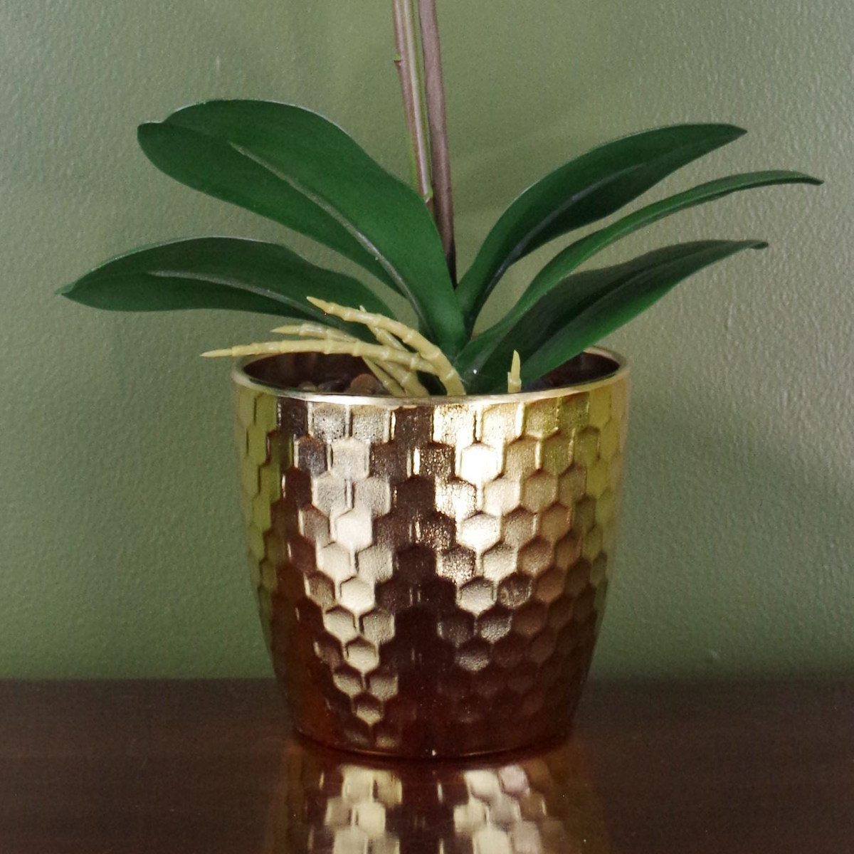 Purple White Orchid Artificial 50cm Gold Pot - Realistic Plant with Real Touch Leaves