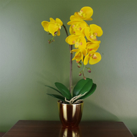 Yellow Orchid Artificial Golden Pot 48cm - Realistic Artificial Orchid Plant with Real Touch Leaves