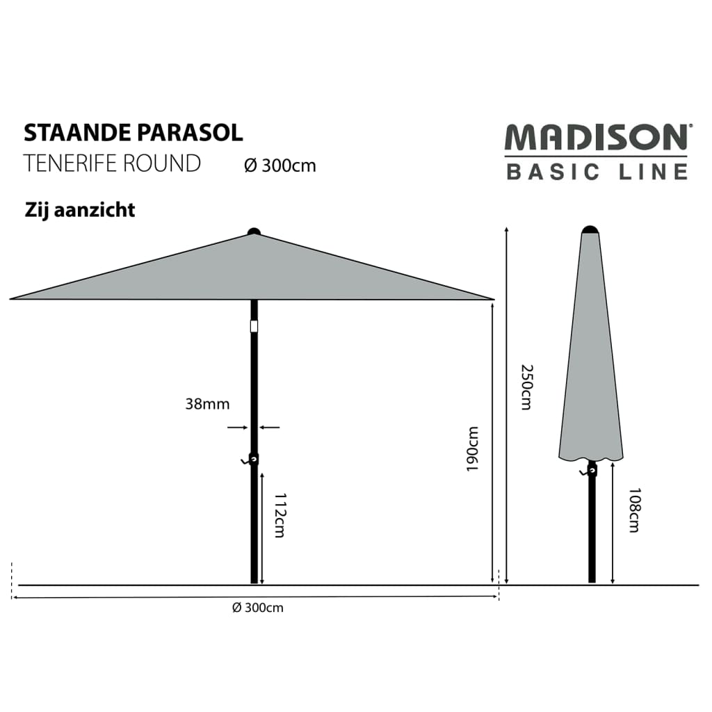 Madison Parasol Tenerife 300 cm Taupe - Durable and Stable Standing Parasol