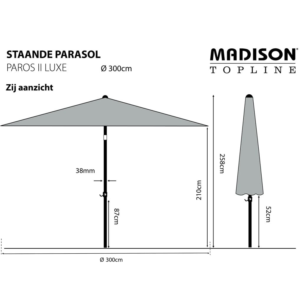 Madison Parasol Paros II Luxe 300 cm Sage Green - Durable Outdoor Umbrella with Tilt and Rotate Mechanisms