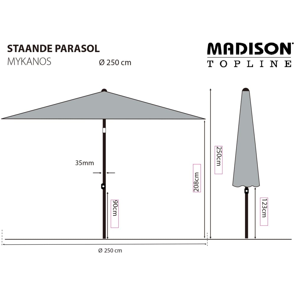 Madison Parasol Mykanos 250 cm Grey - Stylish and Durable Outdoor Umbrella