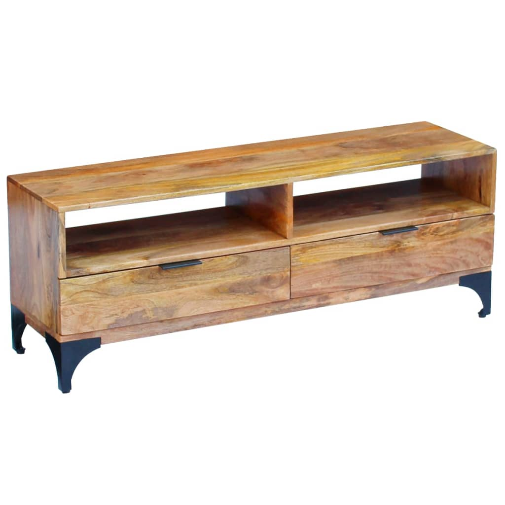 TV Stand Mango Wood 120x35x45 cm - Solid Wood Construction, Handmade, Two Drawers and Compartments