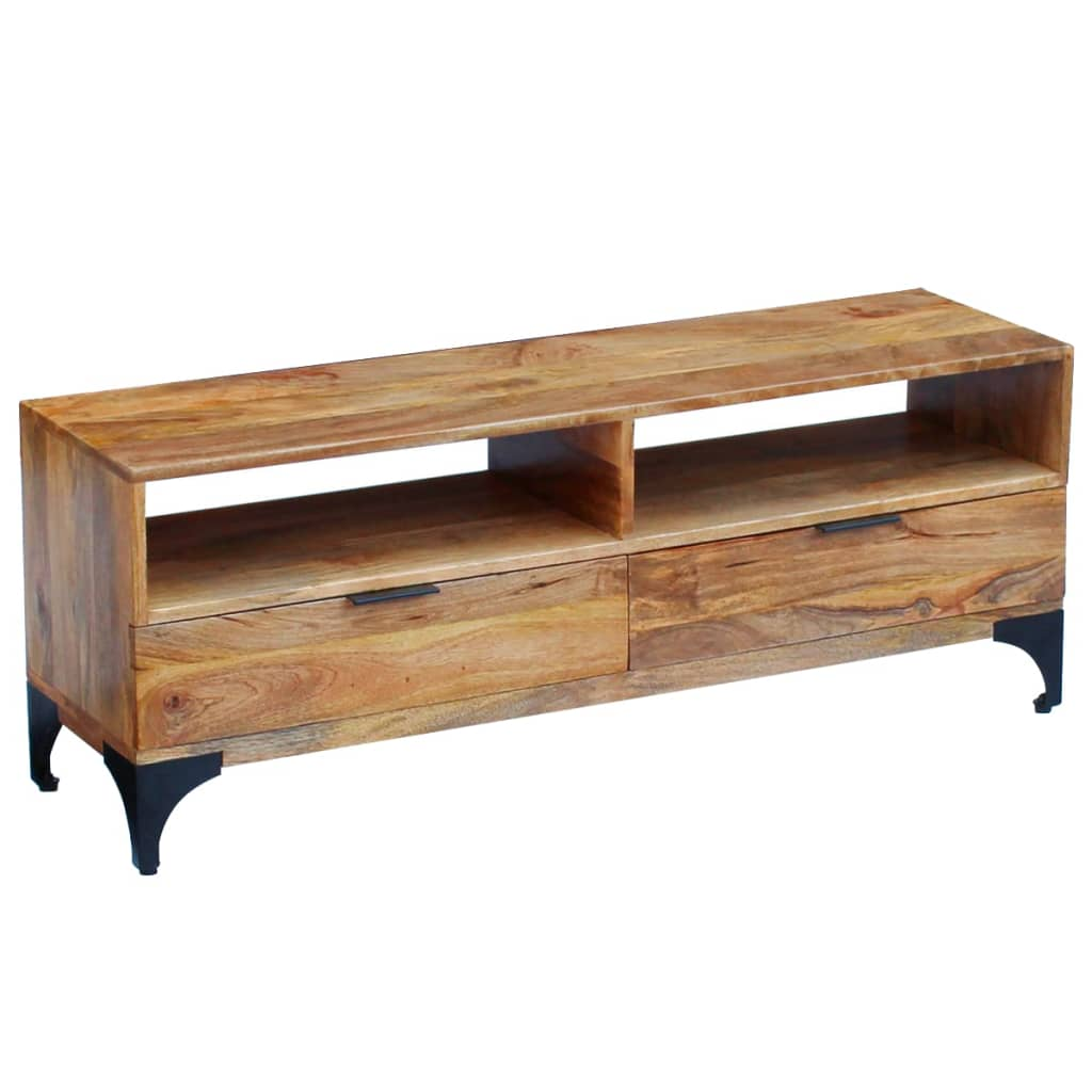 TV Stand Mango Wood 120x35x45 cm - Solid Wood Construction, Handmade, Two Drawers and Compartments