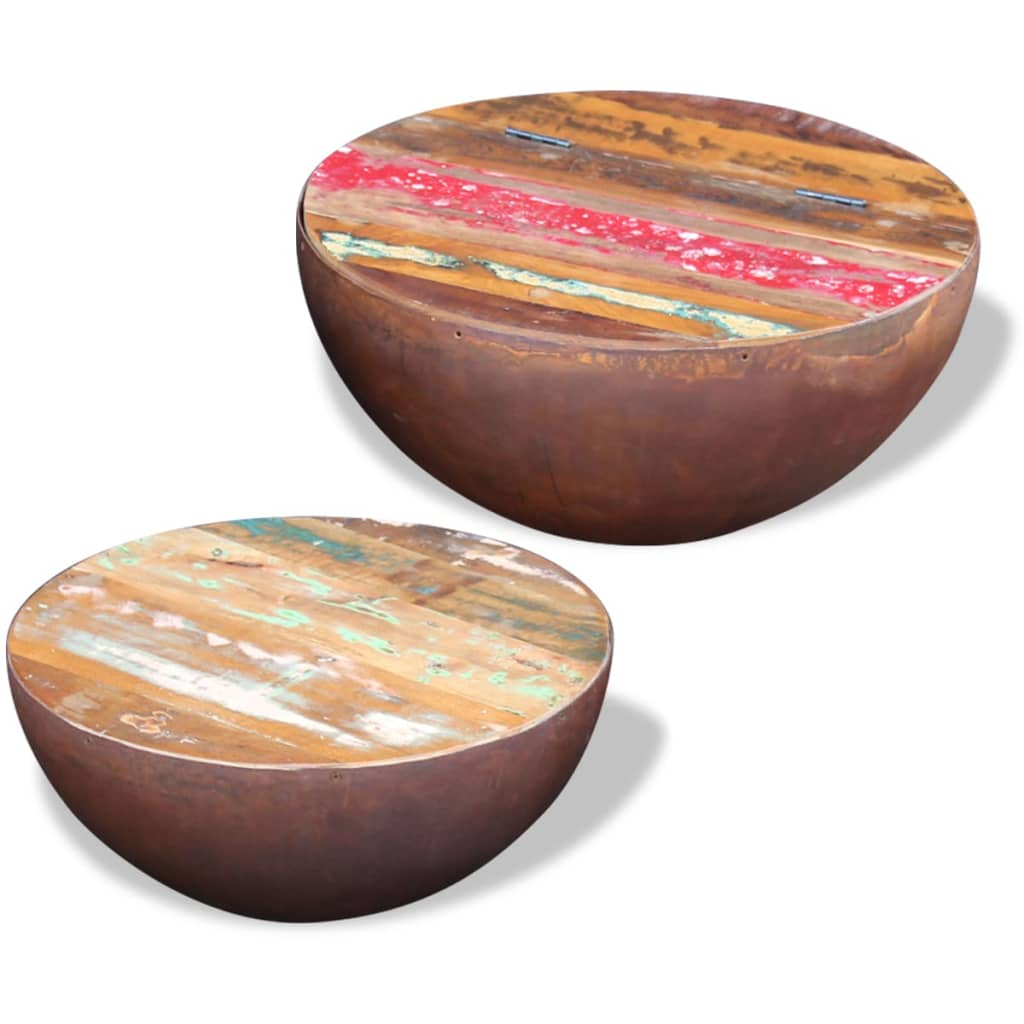 Two Piece Bowl Shaped Coffee Table Set Solid Reclaimed Wood - Unique, Multicolour Design