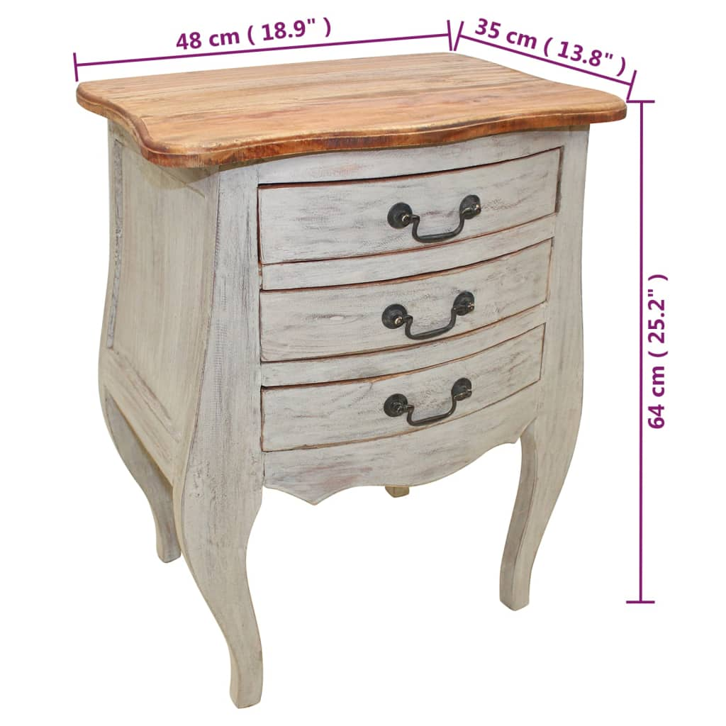 Bedside Cabinet Solid Reclaimed Wood - Vintage Style Nightstand with 3 Drawers