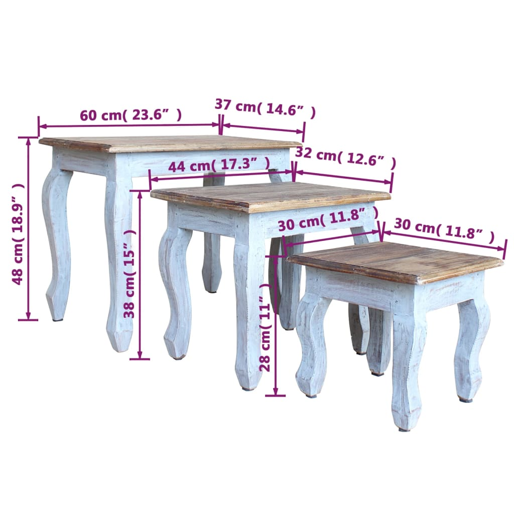 Nesting Table Set 3 Pieces Solid Reclaimed Wood - Vintage Style Side Tables