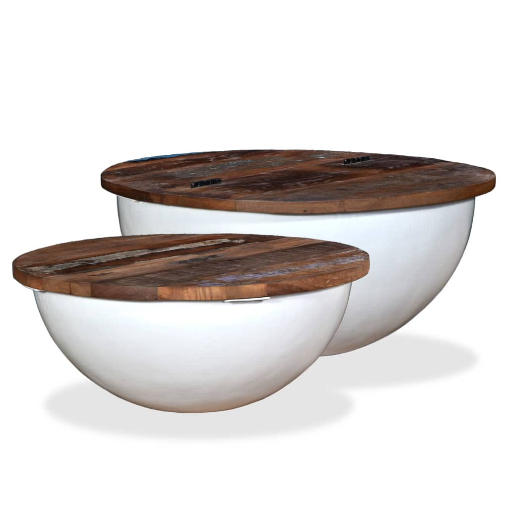 Coffee Table Set - 2 Pieces Solid Reclaimed Wood, White, Bowl Shape