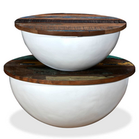 Coffee Table Set - 2 Pieces Solid Reclaimed Wood, White, Bowl Shape