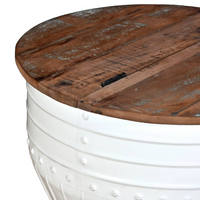 Coffee Table Solid Reclaimed Wood White Barrel Shape - Industrial Flair