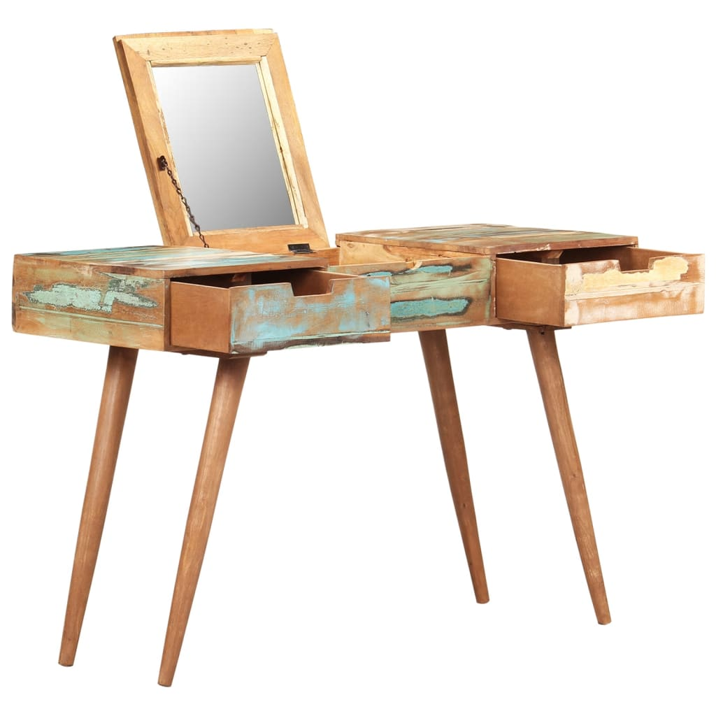 Dressing Table with Mirror - Solid Reclaimed Wood, Handmade, Hidden Storage Space, 112x45x76 cm