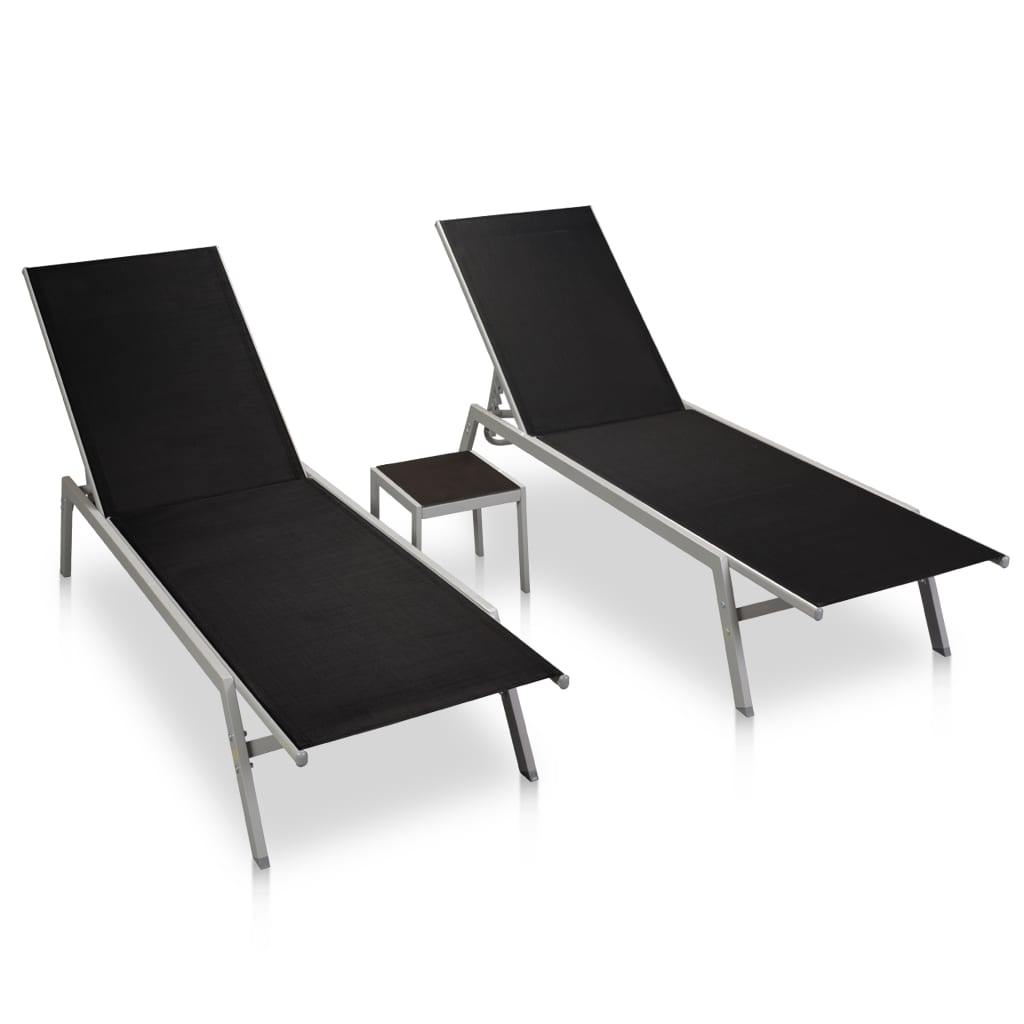 Sun Loungers 2 pcs with Table Steel and Textilene Black - Relax in Style