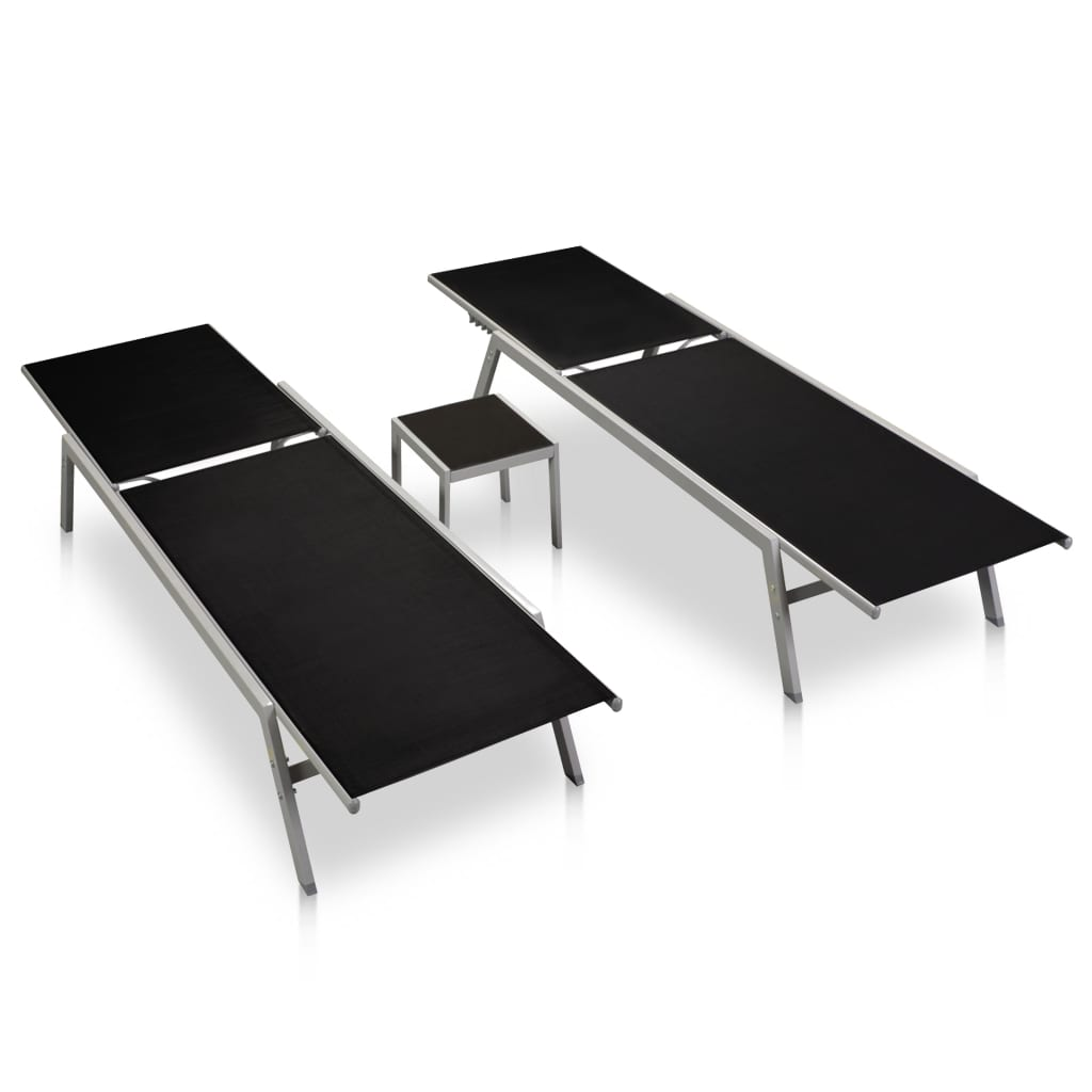 Sun Loungers 2 pcs with Table Steel and Textilene Black - Relax in Style