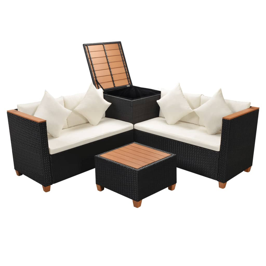 4 Piece Garden Lounge Set with Cushions - Poly Rattan - Black