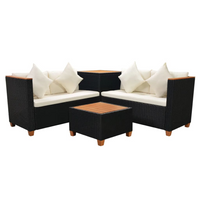 4 Piece Garden Lounge Set with Cushions - Poly Rattan - Black