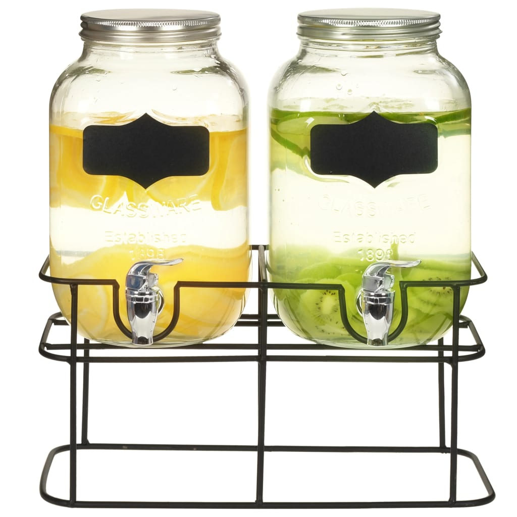 vidaXL Beverage Dispensers 2 pcs with Stand 2 x 4 L Glass - Vintage Style, Wide Mouth, Integrated Tap, Sealing Lid