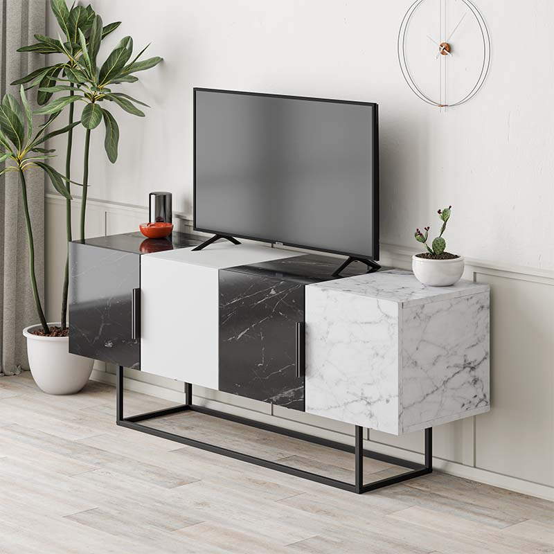 TV Stand CARLO - Black Marble Effect, White - 140x37.5x55cm