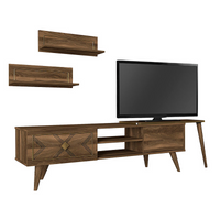 TV Stand EDMOND Walnut 190x29,5x50cm - Modern Design, Two Cabinets and Two Shelves