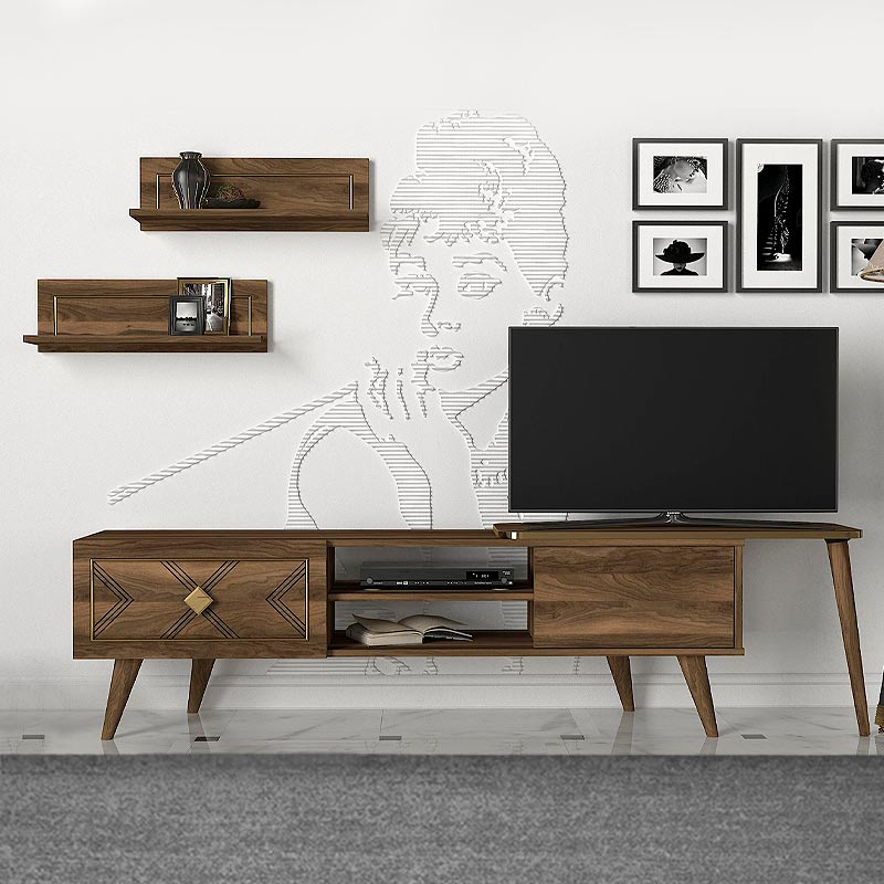 TV Stand EDMOND Walnut 190x29,5x50cm - Modern Design, Two Cabinets and Two Shelves