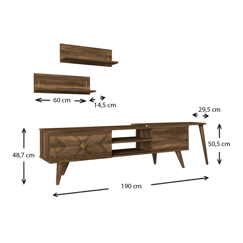 TV Stand EDMOND Walnut 190x29,5x50cm - Modern Design, Two Cabinets and Two Shelves